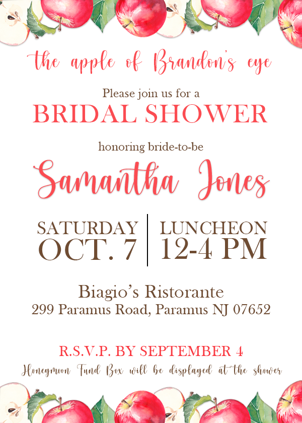 White cardstock invitation for a Bridal Shower with red apples and green leaves.