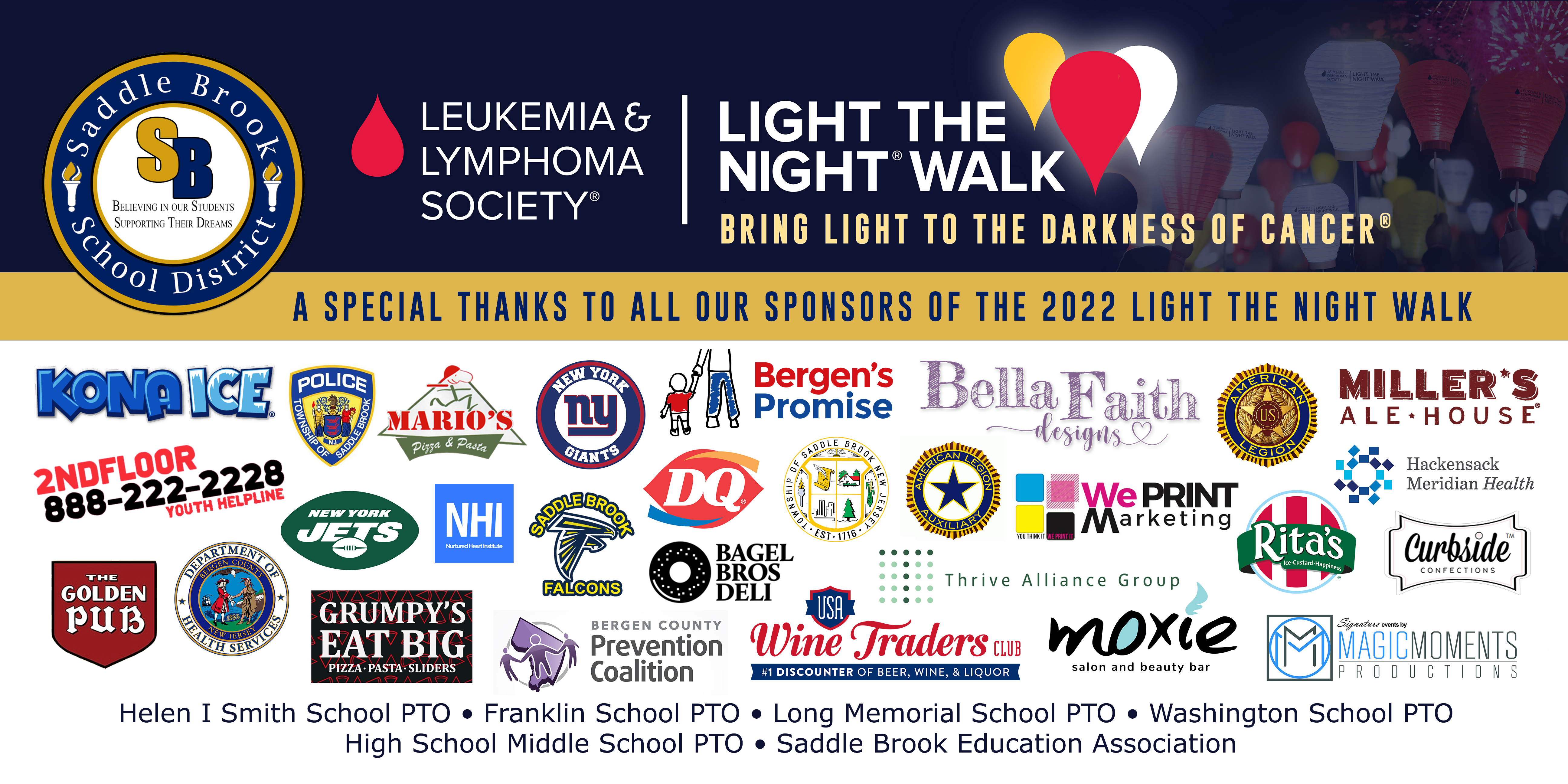 A banner with company logos for a charity event to support Light the Night Walk for Leukemia and Lymphoma Society.