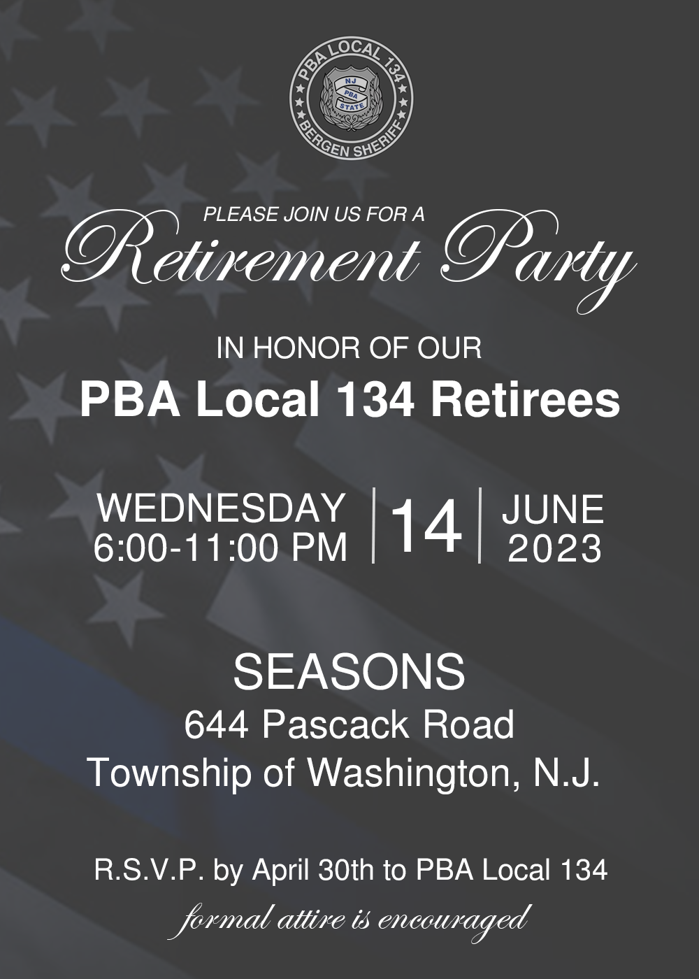 A PBA Retirement invitation with a dark gray background with an American flag overlay.